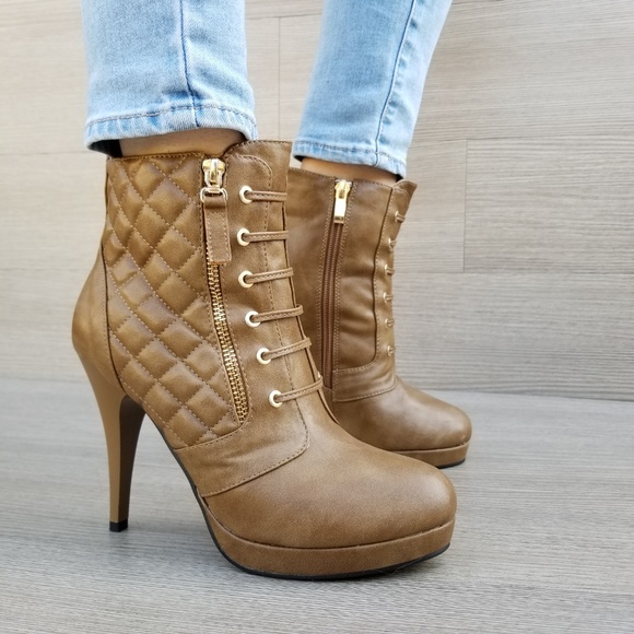 Shoes - Khaki Platform High Heel Boots Light Fur inside